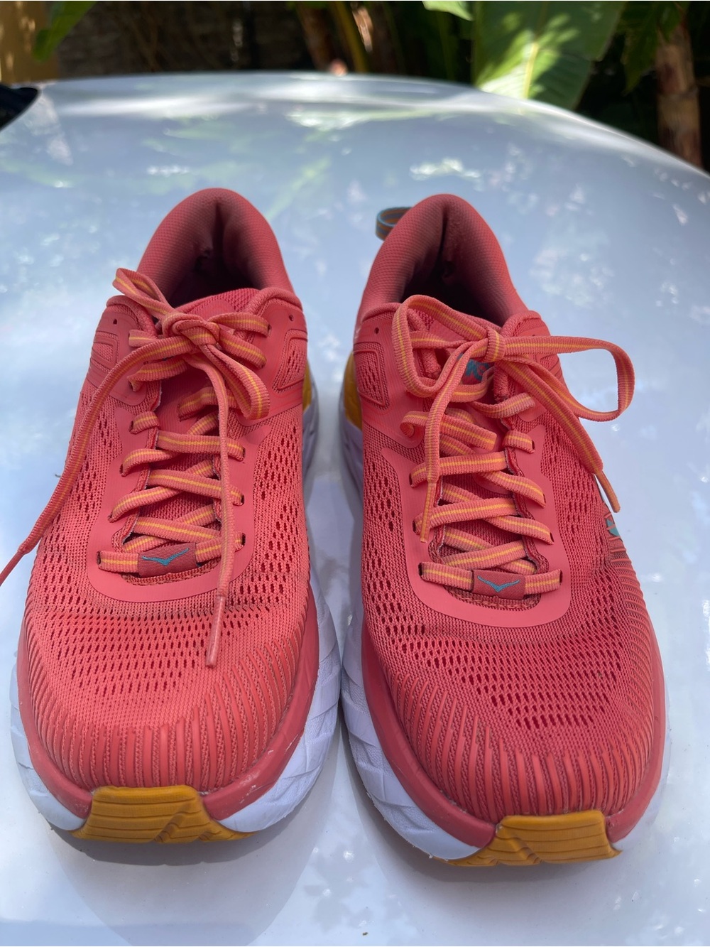 Hoka Women's Coral-Pink Running Shoes with Yellow Accents
